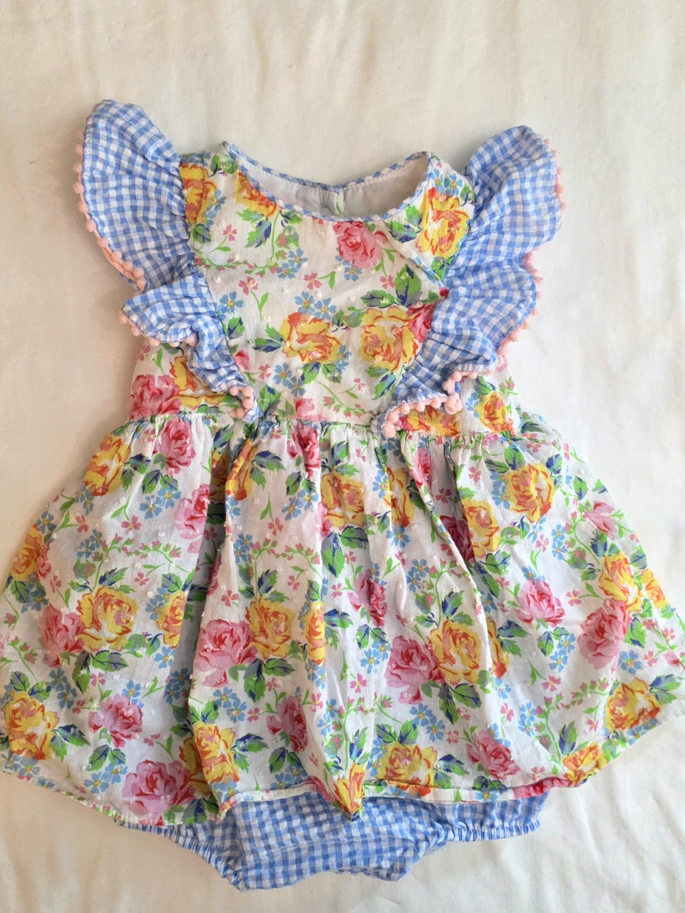 Pippa & Julie White Floral Dress with Blue Gingham Ruffles